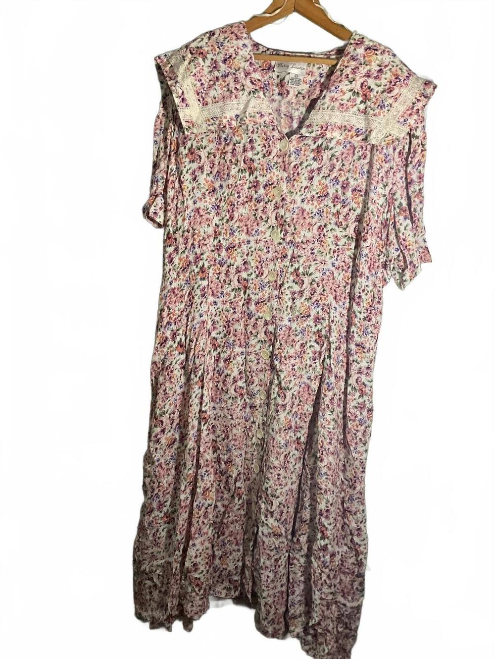 Vintage Betsy Lauren Floral Rayon Button-Up Dress with Lace Collar Size 24